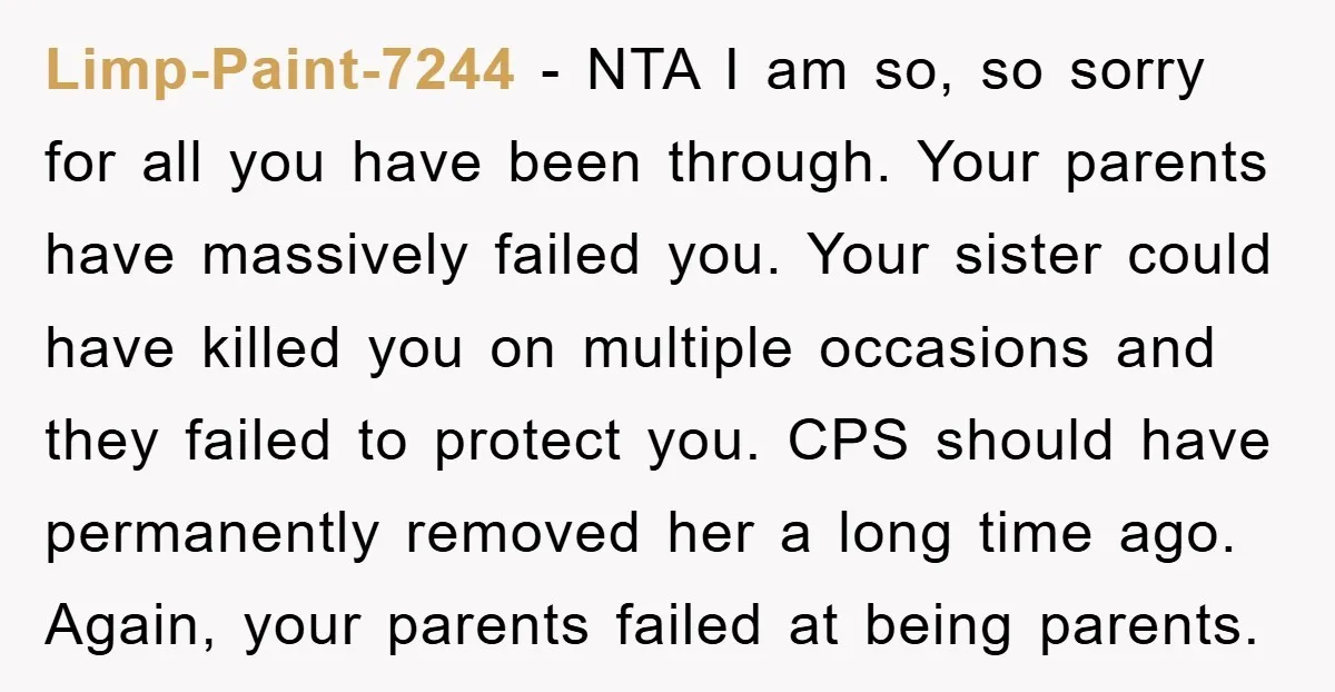 Limp-Paint-7244 − NTA I am so, so sorry for all you have been through. Your parents have massively failed you. Your sister could have killed you on multiple occasions and...