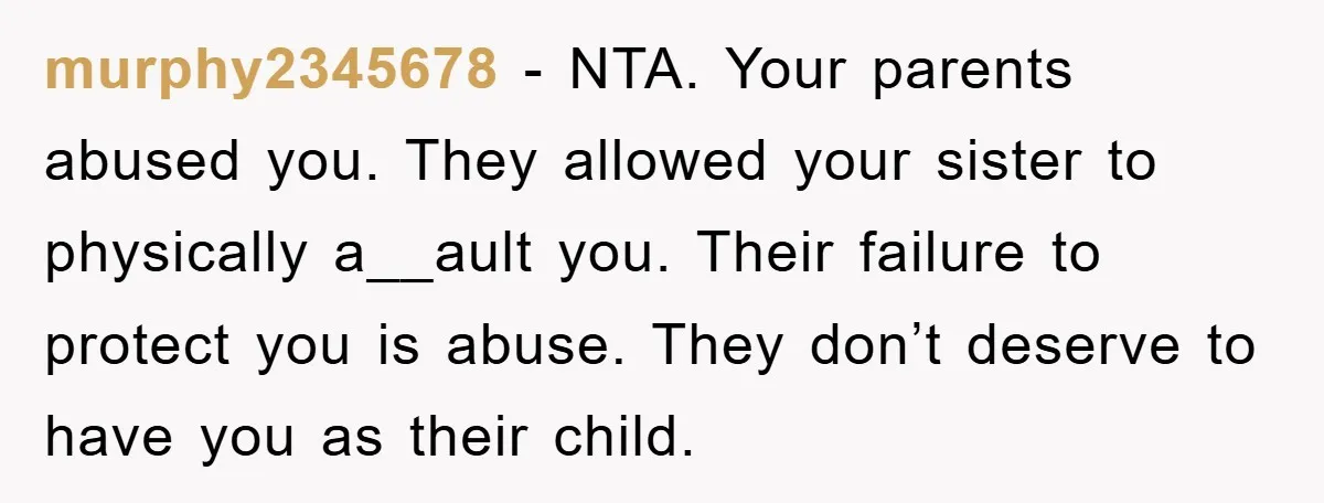murphy2345678 − NTA. Your parents abused you. They allowed your sister to physically a__ault you. Their failure to protect you is abuse. They don’t deserve to have you as their...