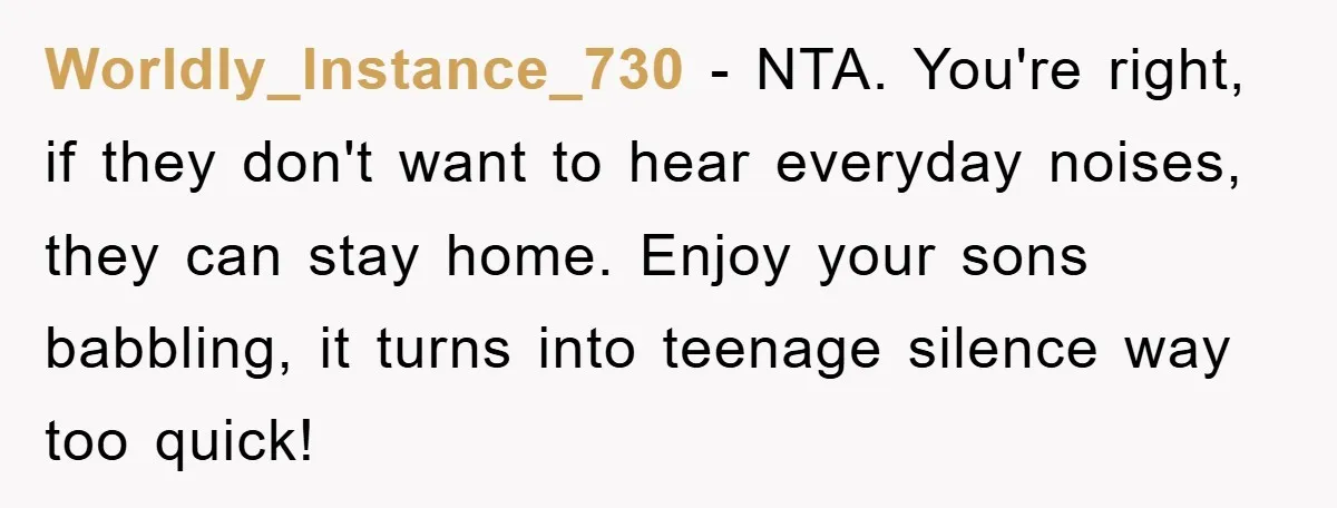 Worldly_Instance_730 − NTA. You're right, if they don't want to hear everyday noises, they can stay home. Enjoy your sons babbling, it turns into teenage silence way too quick!