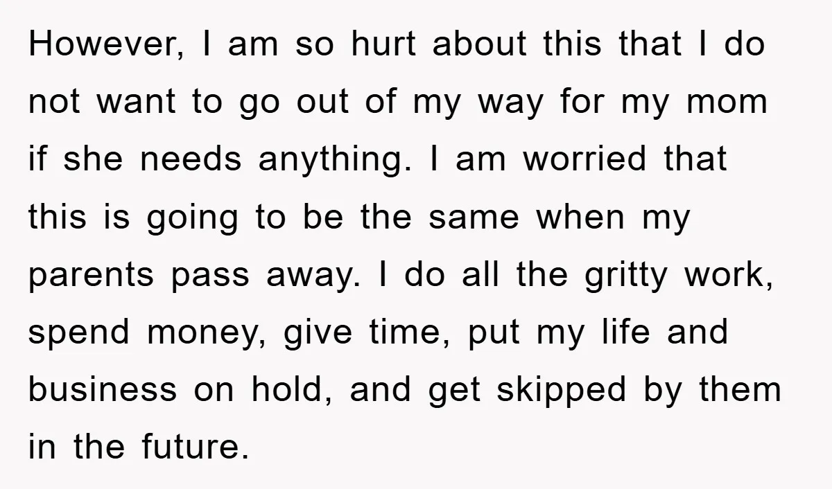However, I am so hurt about this that I do not want to go out of my way for my mom if she needs anything. I am worried that this...
