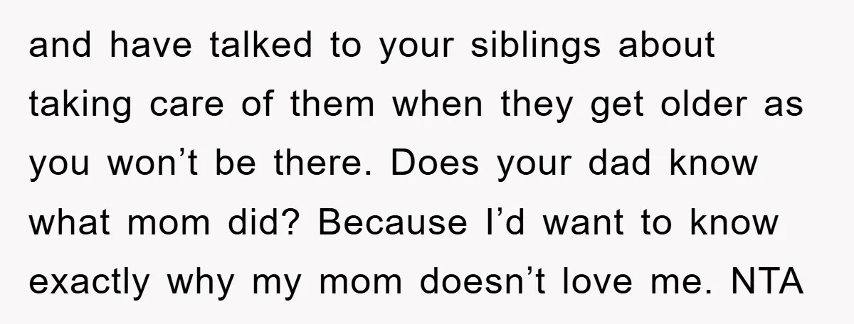 and have talked to your siblings about taking care of them when they get older as you won’t be there. Does your dad know what mom did? Because I’d want...
