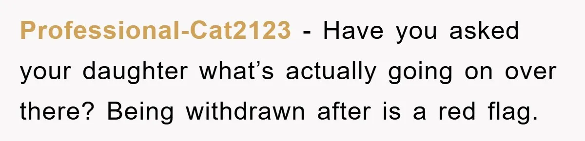 Professional-Cat2123 − Have you asked your daughter what’s actually going on over there? Being withdrawn after is a red flag.