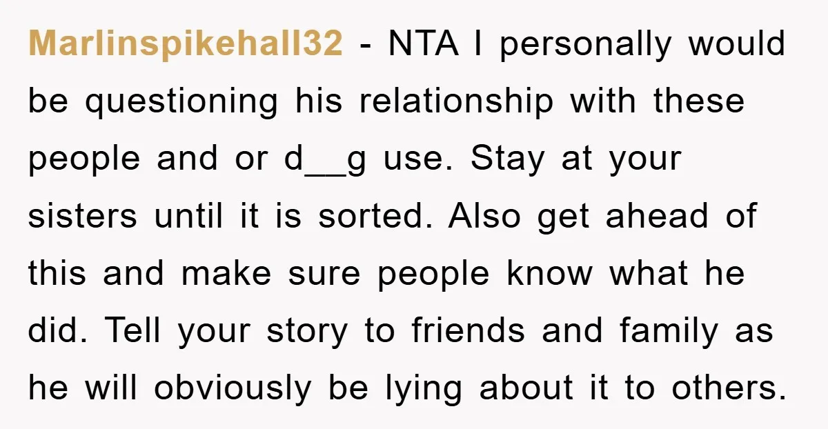 Marlinspikehall32 − NTA I personally would be questioning his relationship with these people and or d__g use. Stay at your sisters until it is sorted. Also get ahead of this...