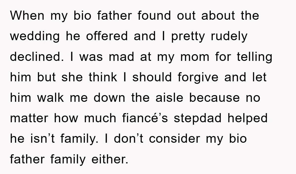 When my bio father found out about the wedding he offered and I pretty rudely declined. I was mad at my mom for telling him but she think I should...