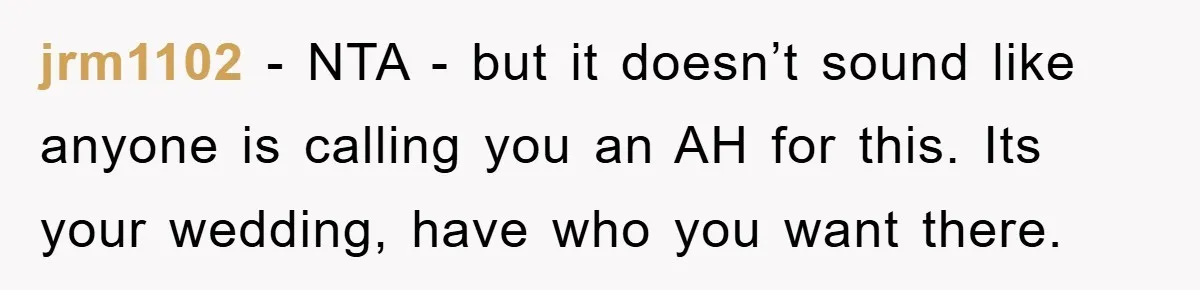 jrm1102 − NTA - but it doesn’t sound like anyone is calling you an AH for this. Its your wedding, have who you want there.