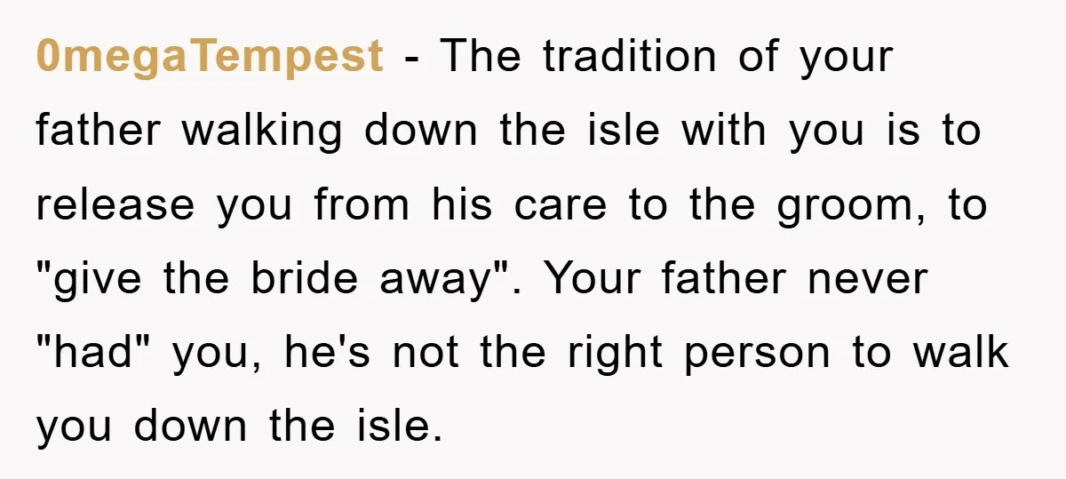 0megaTempest − The tradition of your father walking down the isle with you is to release you from his care to the groom, to "give the bride away". Your father...