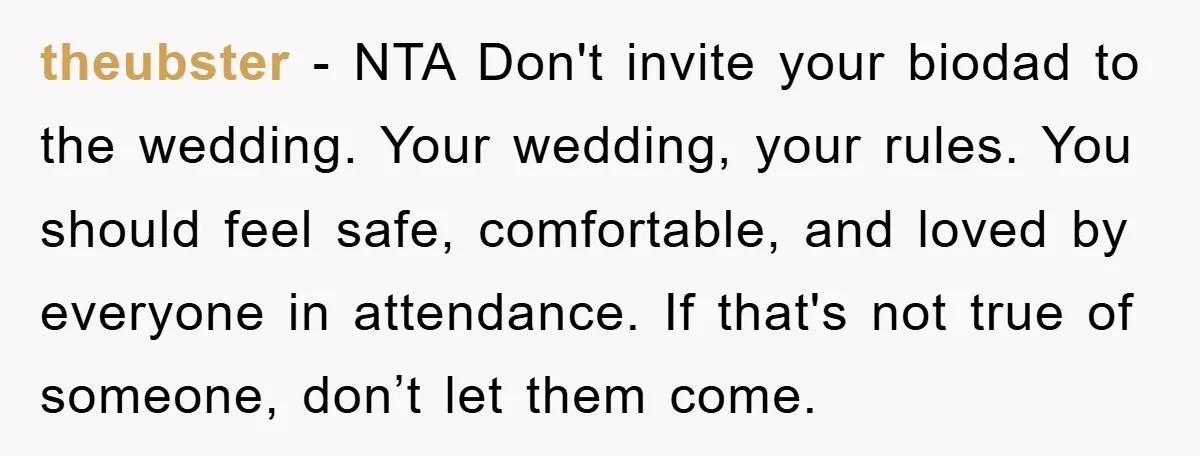 theubster − NTA Don't invite your biodad to the wedding. Your wedding, your rules. You should feel safe, comfortable, and loved by everyone in attendance. If that's not true of...