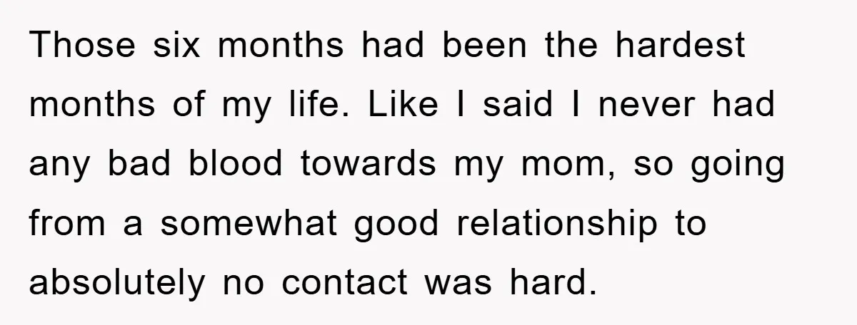 Those six months had been the hardest months of my life. Like I said I never had any bad blood towards my mom, so going from a somewhat good relationship...