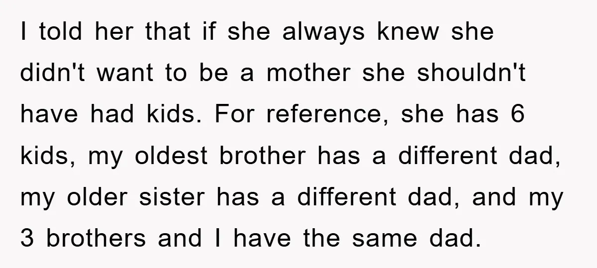 I told her that if she always knew she didn't want to be a mother she shouldn't have had kids. For reference, she has 6 kids, my oldest brother has...
