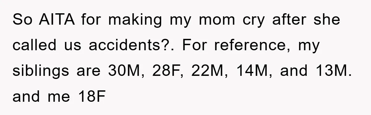 So AITA for making my mom cry after she called us accidents?. For reference, my siblings are 30M, 28F, 22M, 14M, and 13M. and me 18F