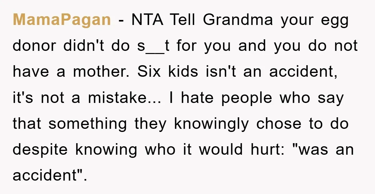 MamaPagan − NTA Tell Grandma your egg donor didn't do s__t for you and you do not have a mother. Six kids isn't an accident, it's not a mistake... I...