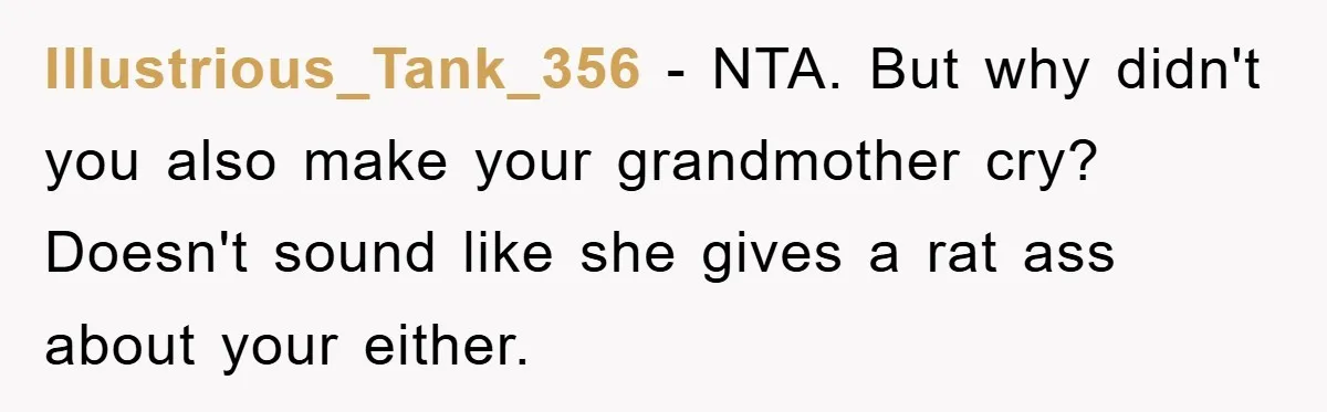 Illustrious_Tank_356 − NTA. But why didn't you also make your grandmother cry? Doesn't sound like she gives a rat ass about your either.