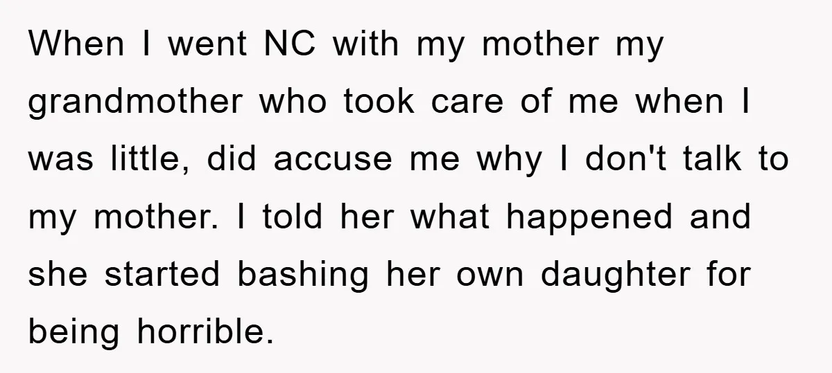 When I went NC with my mother my grandmother who took care of me when I was little, did accuse me why I don't talk to my mother. I told...