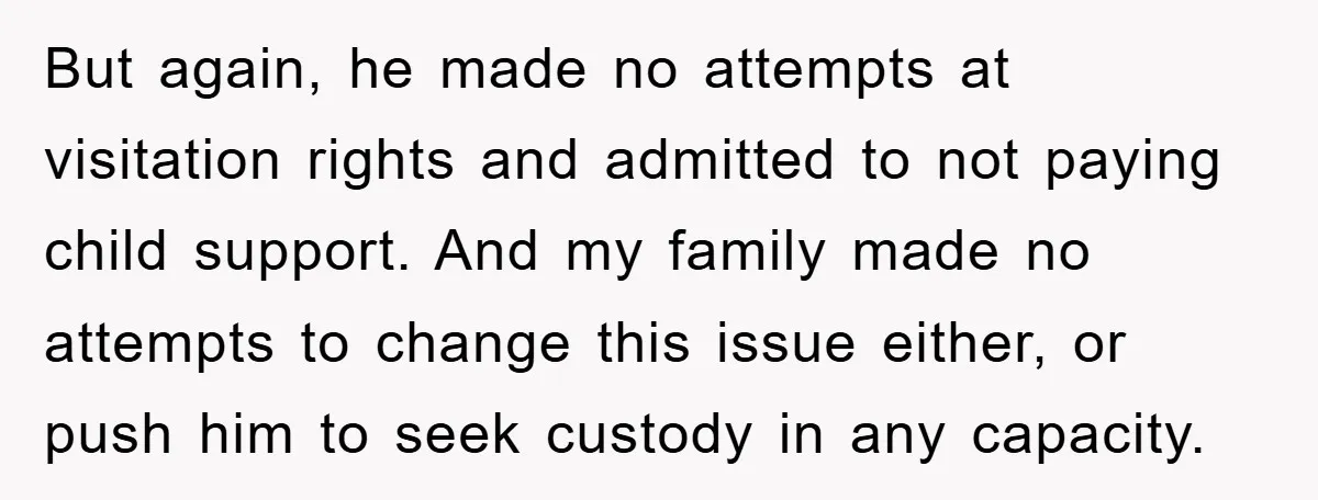 But again, he made no attempts at visitation rights and admitted to not paying child support. And my family made no attempts to change this issue either, or push him...