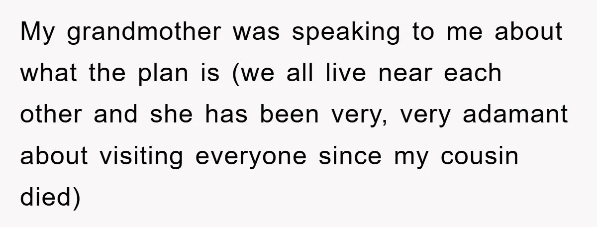 My grandmother was speaking to me about what the plan is (we all live near each other and she has been very, very adamant about visiting everyone since my cousin...