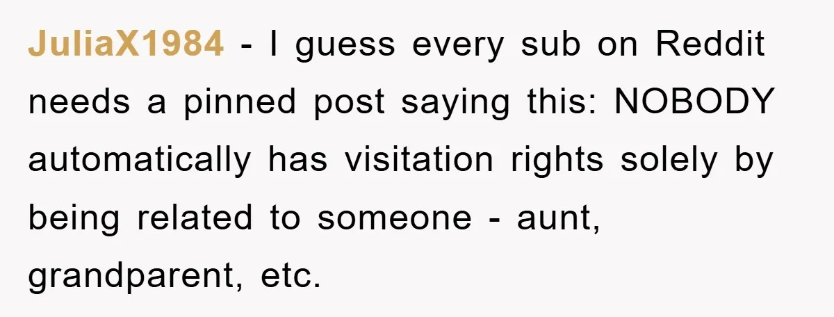 JuliaX1984 − I guess every sub on Reddit needs a pinned post saying this: NOBODY automatically has visitation rights solely by being related to someone - aunt, grandparent, etc.