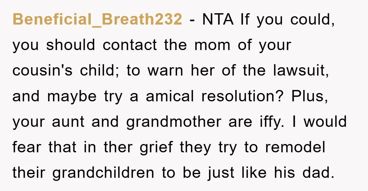 Beneficial_Breath232 − NTA If you could, you should contact the mom of your cousin's child; to warn her of the lawsuit, and maybe try a amical resolution? Plus, your aunt...