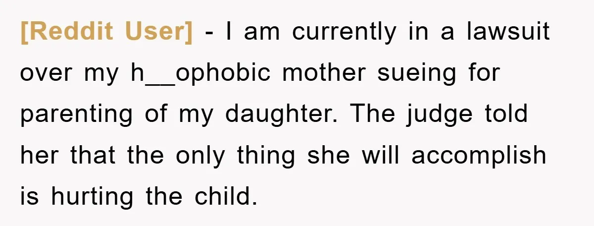 [Reddit User] − I am currently in a lawsuit over my h__ophobic mother sueing for parenting of my daughter. The judge told her that the only thing she will accomplish...