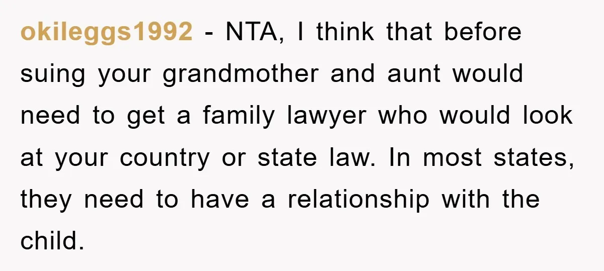 okileggs1992 − NTA, I think that before suing your grandmother and aunt would need to get a family lawyer who would look at your country or state law. In most...