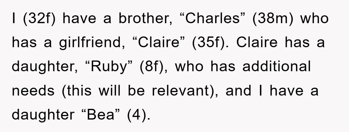 I (32f) have a brother, “Charles” (38m) who has a girlfriend, “Claire” (35f). Claire has a daughter, “Ruby” (8f), who has additional needs (this will be relevant), and I have...