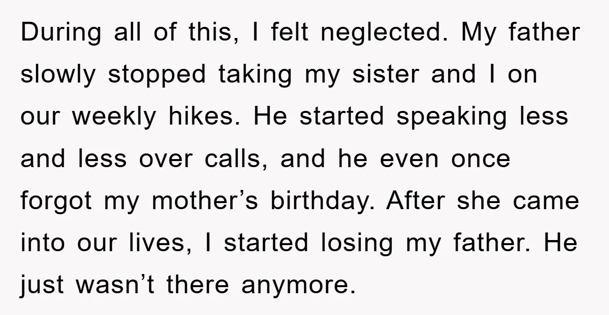 During all of this, I felt neglected. My father slowly stopped taking my sister and I on our weekly hikes. He started speaking less and less over calls, and he...