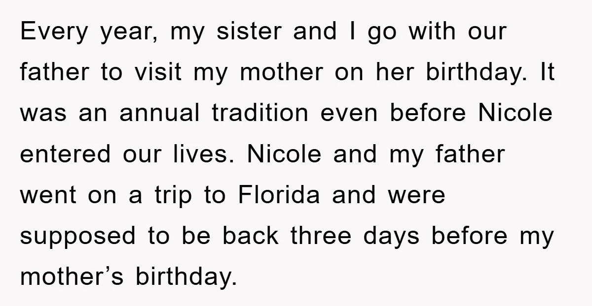 Every year, my sister and I go with our father to visit my mother on her birthday. It was an annual tradition even before Nicole entered our lives. Nicole and...