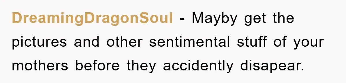 DreamingDragonSoul − Mayby get the pictures and other sentimental stuff of your mothers before they accidently disapear.