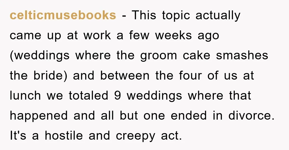 celticmusebooks − This topic actually came up at work a few weeks ago (weddings where the groom cake smashes the bride) and between the four of us at lunch we...