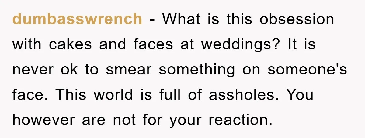 dumbasswrench − What is this obsession with cakes and faces at weddings? It is never ok to smear something on someone's face. This world is full of assholes. You however...