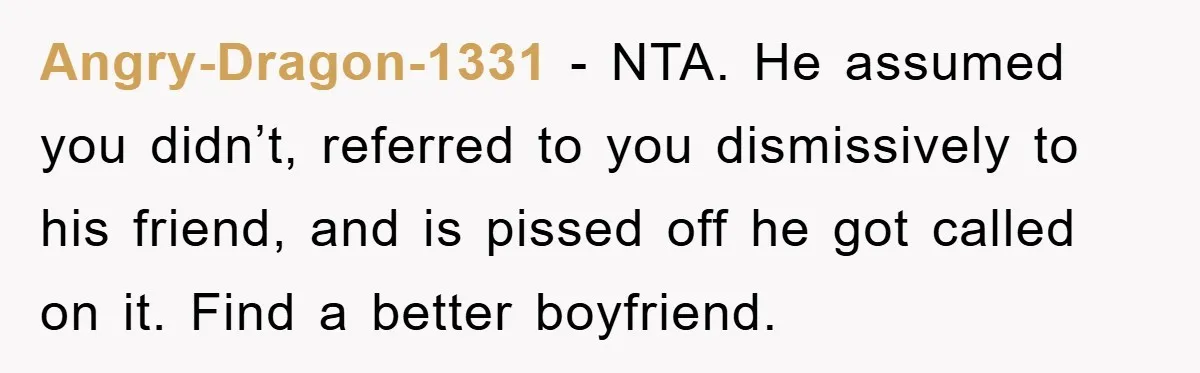 Angry-Dragon-1331 − NTA. He assumed you didn’t, referred to you dismissively to his friend, and is pissed off he got called on it. Find a better boyfriend.