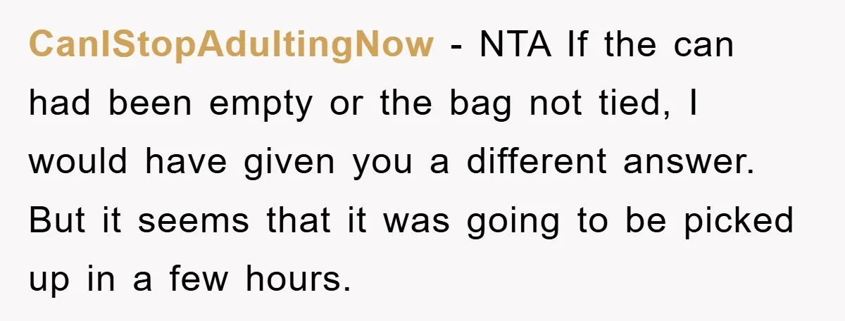 CanIStopAdultingNow − NTA If the can had been empty or the bag not tied, I would have given you a different answer. But it seems that it was going to...