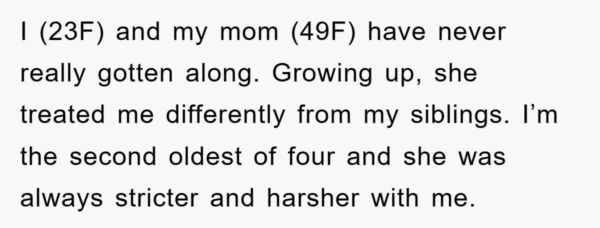 I (23F) and my mom (49F) have never really gotten along. Growing up, she treated me differently from my siblings. I’m the second oldest of four and she was always...