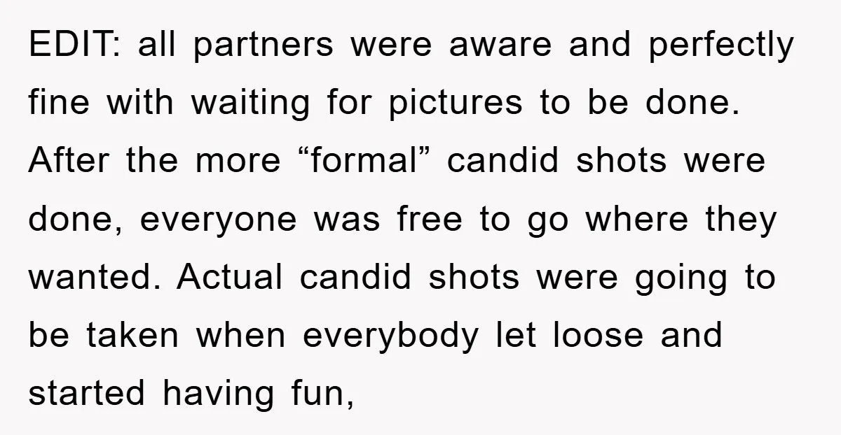 EDIT: all partners were aware and perfectly fine with waiting for pictures to be done. After the more “formal” candid shots were done, everyone was free to go where they...