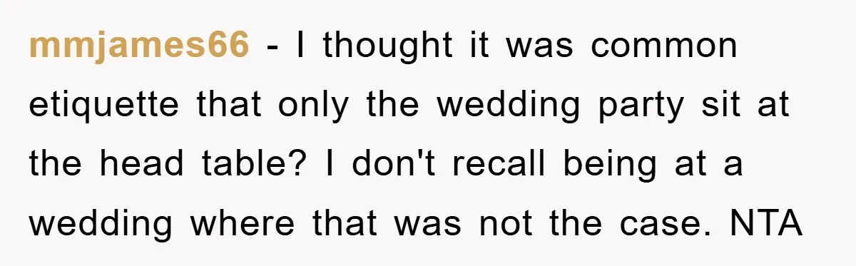 mmjames66 − I thought it was common etiquette that only the wedding party sit at the head table? I don't recall being at a wedding where that was not the...