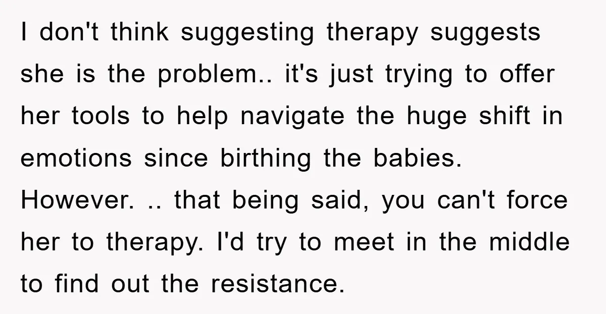 I don't think suggesting therapy suggests she is the problem.. it's just trying to offer her tools to help navigate the huge shift in emotions since birthing the babies. However....