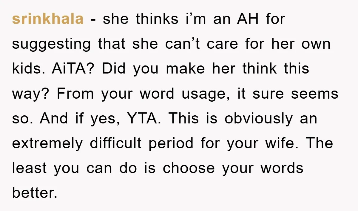 srinkhala − she thinks i’m an AH for suggesting that she can’t care for her own kids. AiTA? Did you make her think this way? From your word usage, it...