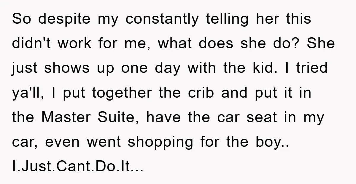 So despite my constantly telling her this didn't work for me, what does she do? She just shows up one day with the kid. I tried ya'll, I put together...