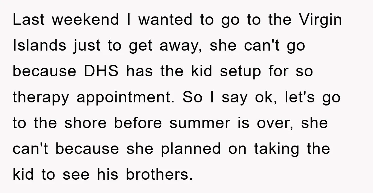 Last weekend I wanted to go to the Virgin Islands just to get away, she can't go because DHS has the kid setup for so therapy appointment. So I say...