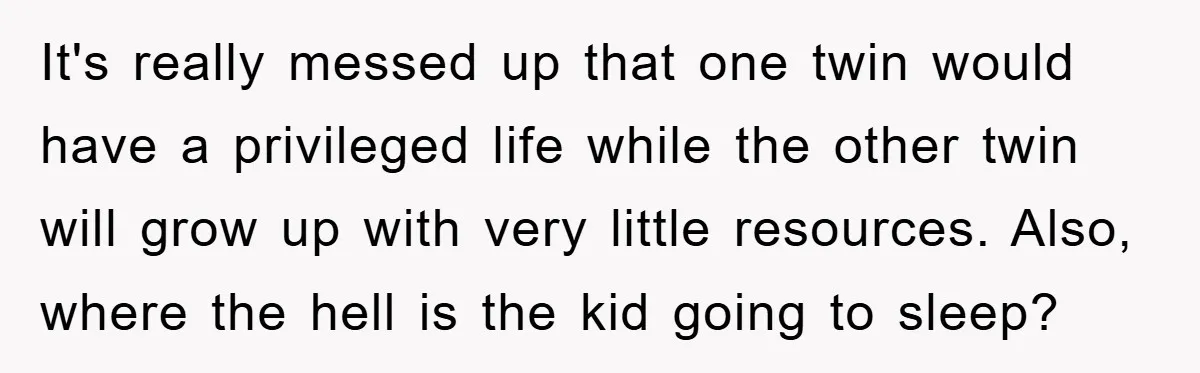 It's really messed up that one twin would have a privileged life while the other twin will grow up with very little resources. Also, where the hell is the kid...