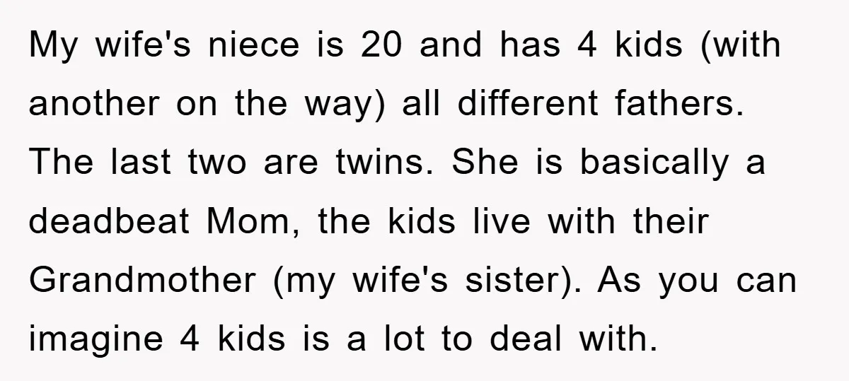 My wife's niece is 20 and has 4 kids (with another on the way) all different fathers. The last two are twins. She is basically a deadbeat Mom, the kids...