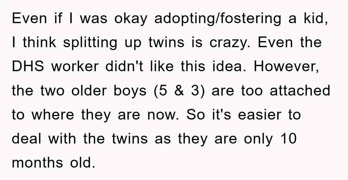 Even if I was okay adopting/fostering a kid, I think splitting up twins is crazy. Even the DHS worker didn't like this idea. However, the two older boys (5 &...