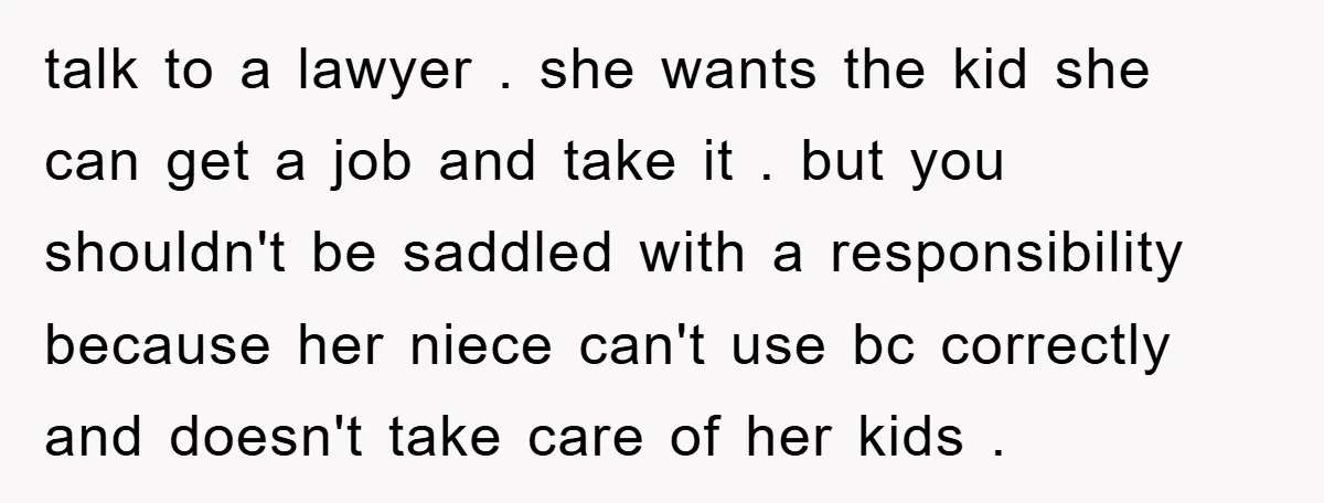 talk to a lawyer . she wants the kid she can get a job and take it . but you shouldn't be saddled with a responsibility because her niece can't...
