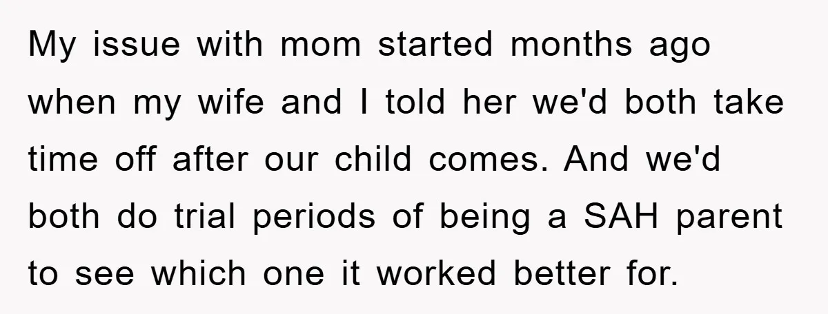 My issue with mom started months ago when my wife and I told her we'd both take time off after our child comes. And we'd both do trial periods of...