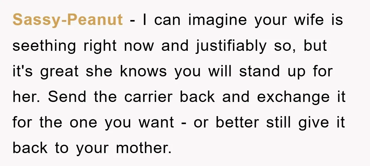 Sassy-Peanut − I can imagine your wife is seething right now and justifiably so, but it's great she knows you will stand up for her. Send the carrier back and...