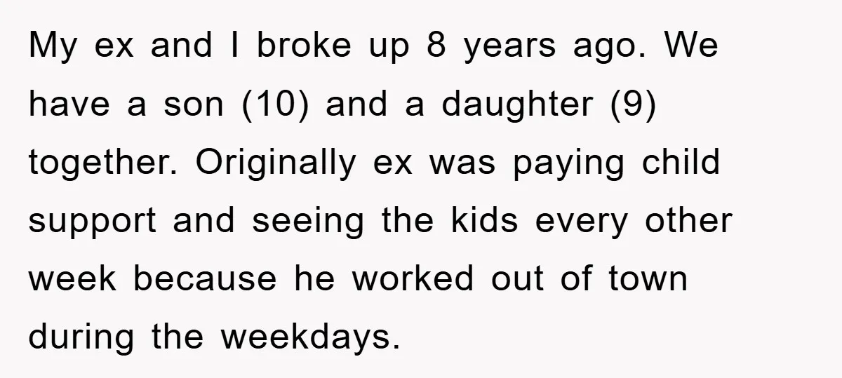 My ex and I broke up 8 years ago. We have a son (10) and a daughter (9) together. Originally ex was paying child support and seeing the kids every...