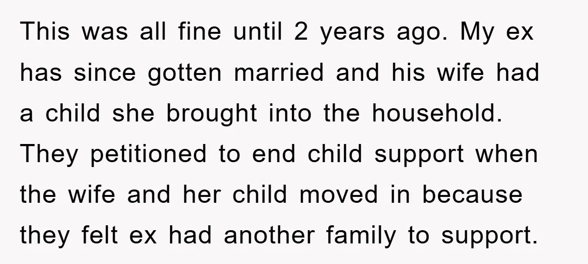 This was all fine until 2 years ago. My ex has since gotten married and his wife had a child she brought into the household. They petitioned to end child...