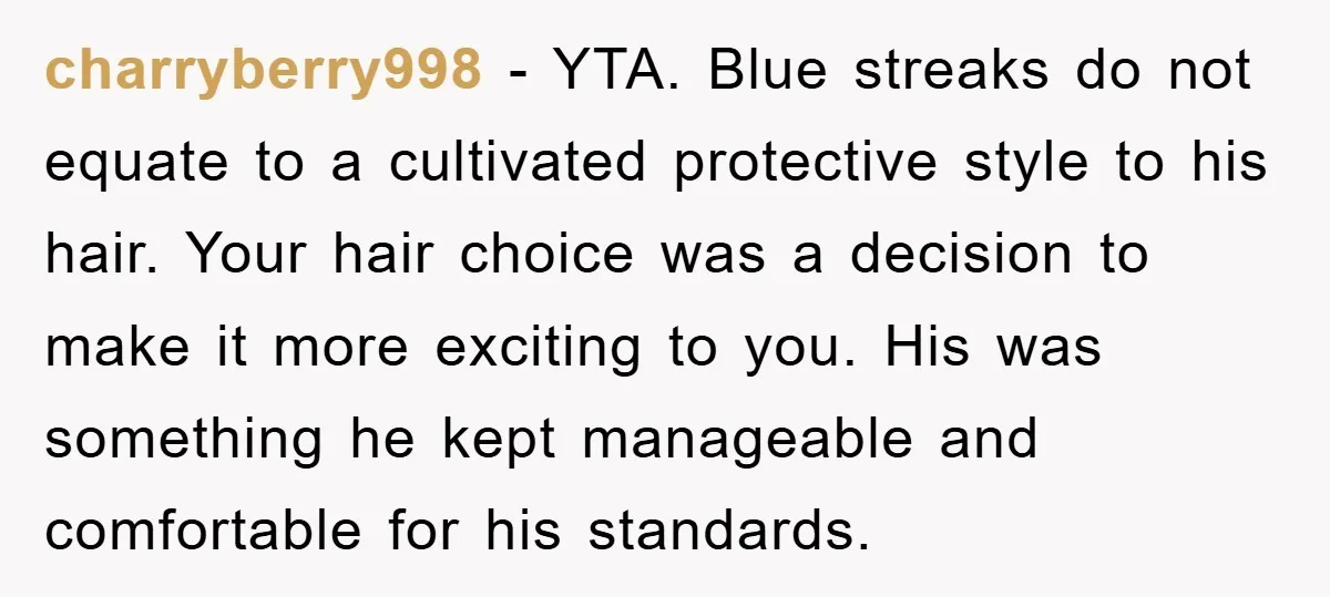 charryberry998 − YTA. Blue streaks do not equate to a cultivated protective style to his hair. Your hair choice was a decision to make it more exciting to you. His...