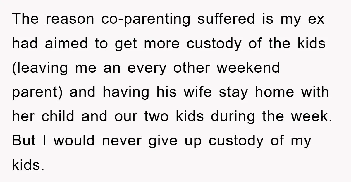 The reason co-parenting suffered is my ex had aimed to get more custody of the kids (leaving me an every other weekend parent) and having his wife stay home with...