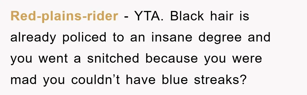 Red-plains-rider − YTA. Black hair is already policed to an insane degree and you went a snitched because you were mad you couldn’t have blue streaks?
