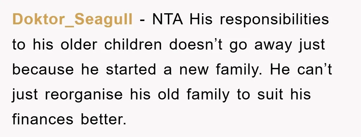 Doktor_Seagull − NTA His responsibilities to his older children doesn’t go away just because he started a new family. He can’t just reorganise his old family to suit his finances...